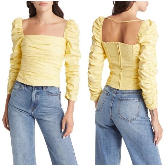 💕REFORMATION💕 Joi Ruched Stretch Organic Cotton Top ~ Zest Yellow 2 NWT